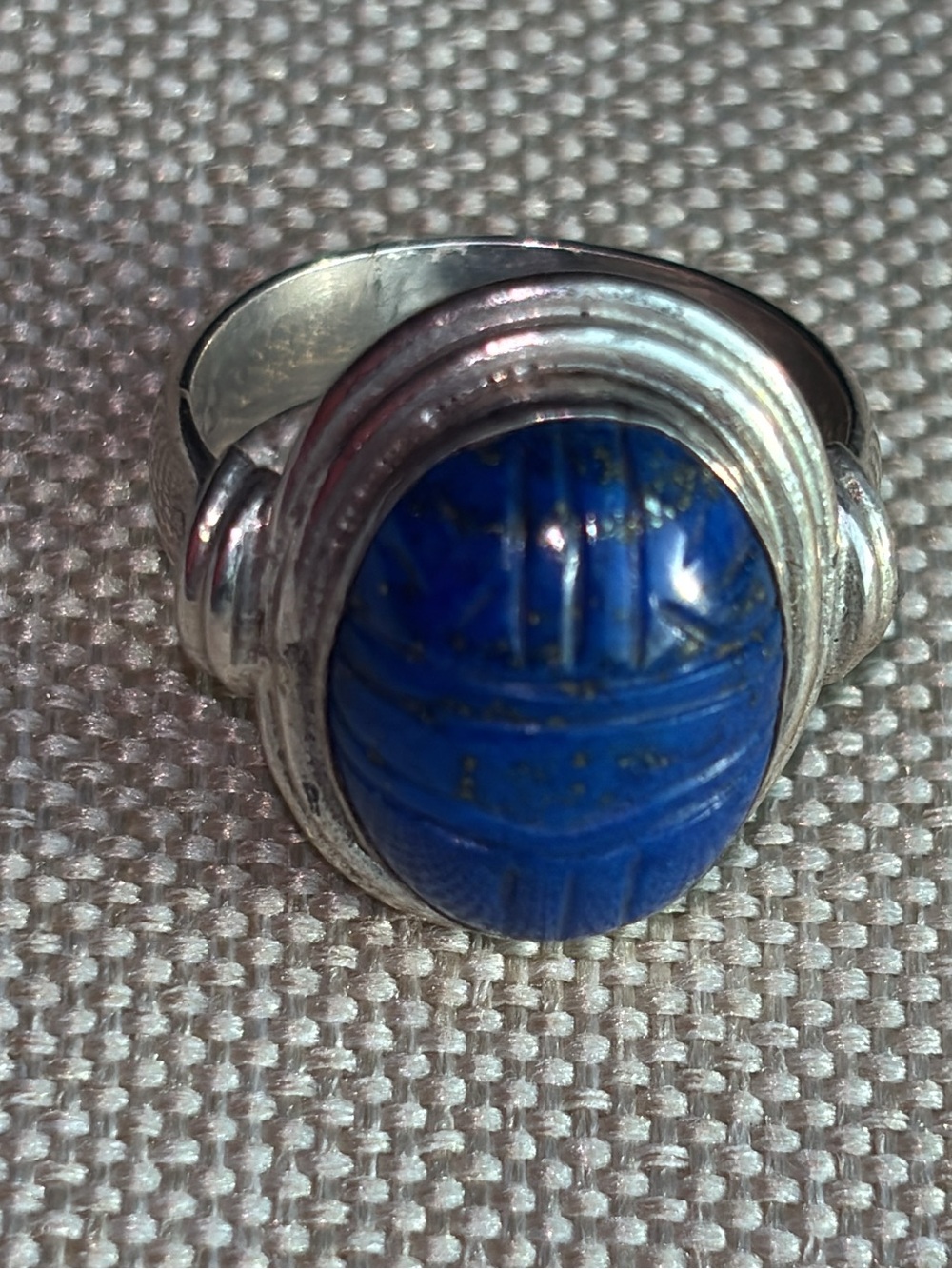 Solid sterling silver carved lapis ring